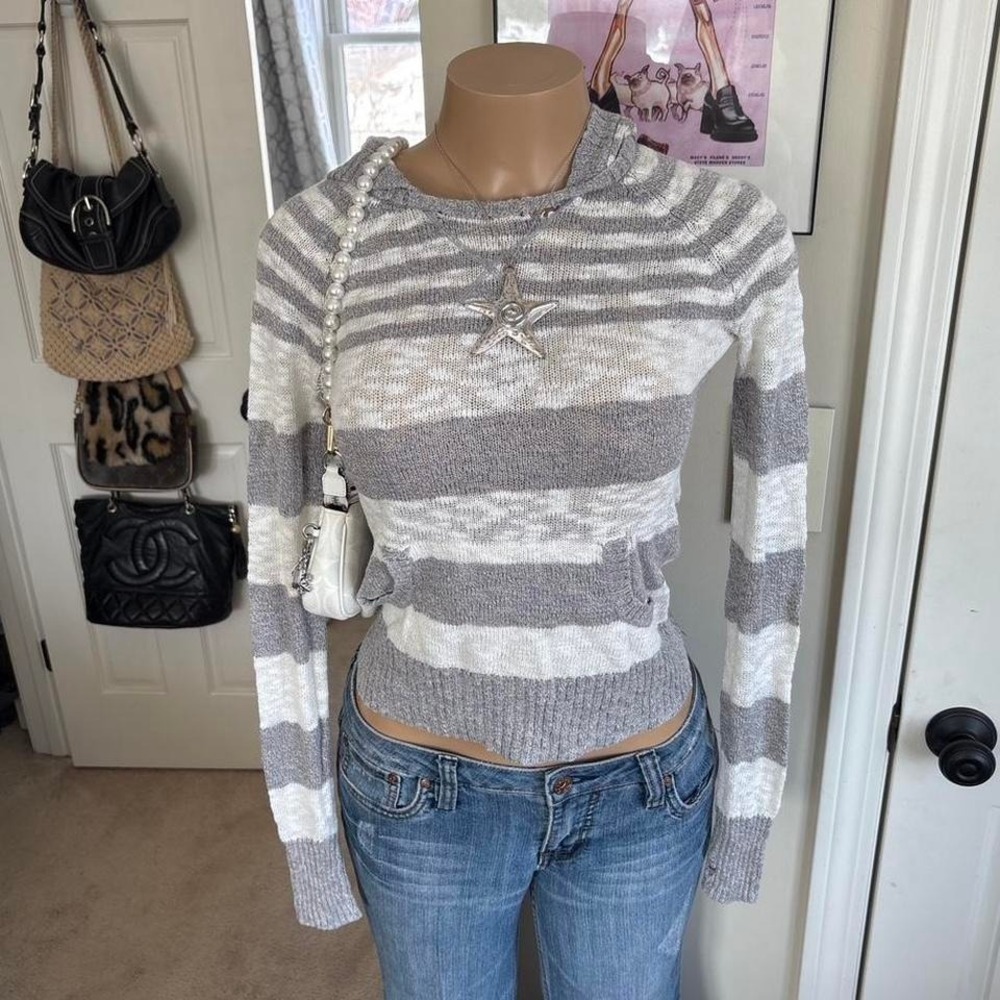 Y2K Grey Striped Knit hooded Sweater